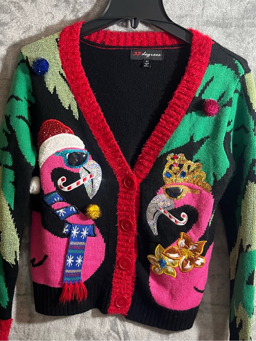 Xtra Small 32 Degrees Black & Pink Embellished Flamingo V-Neck Cardigan